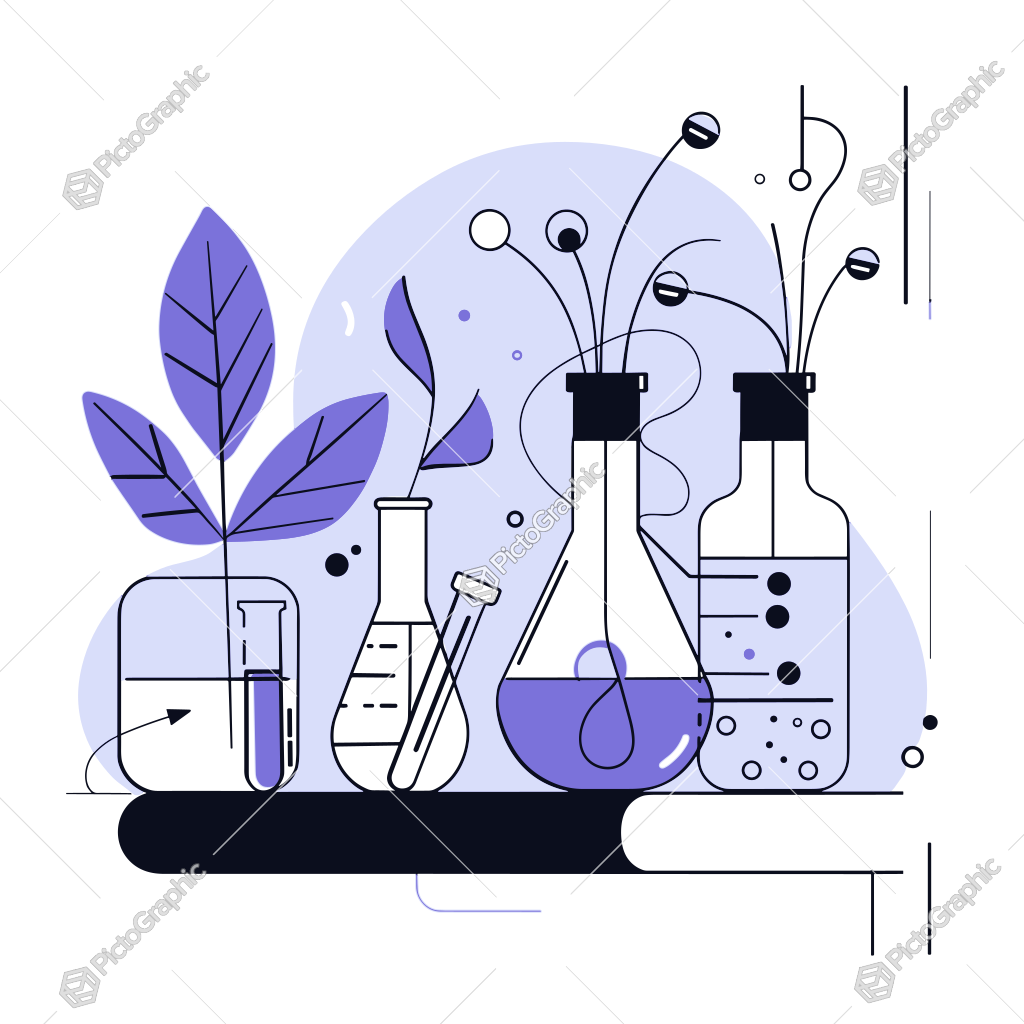 An abstract illustration of laboratory glassware with liquids and a plant, featuring a modern scientific theme An abstract illustration of laboratory glassware with liquids and a plant, featuring a modern scientific theme