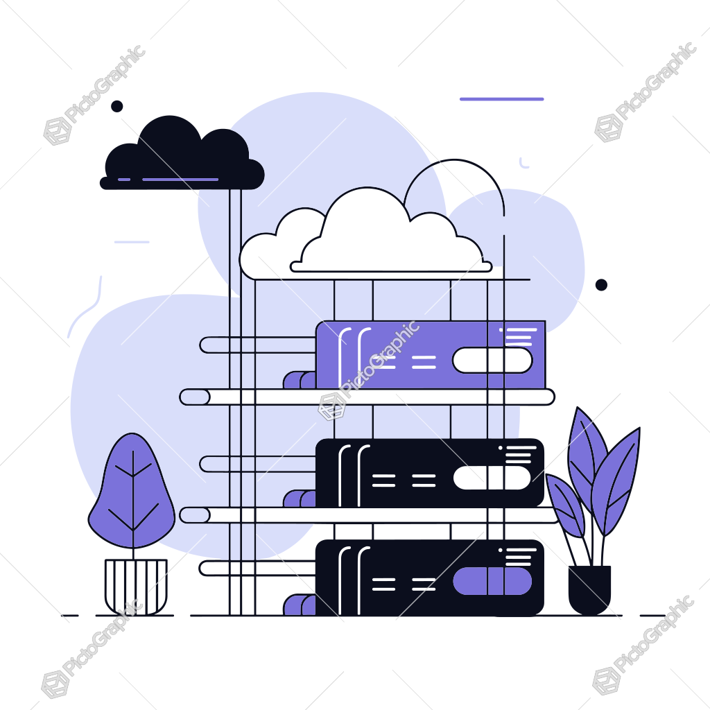 Minimalist illustration of a shelving unit with binders or books, flanked by two potted plants, and featuring clouds above Minimalist illustration of a shelving unit with binders or books, flanked by two potted plants, and featuring clouds above
