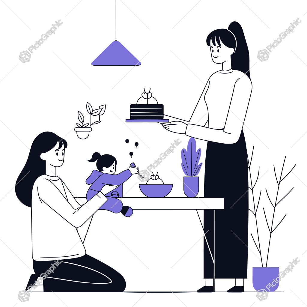 An adult and a child are sitting at a table while another adult brings a cake An adult and a child are sitting at a table while another adult brings a cake