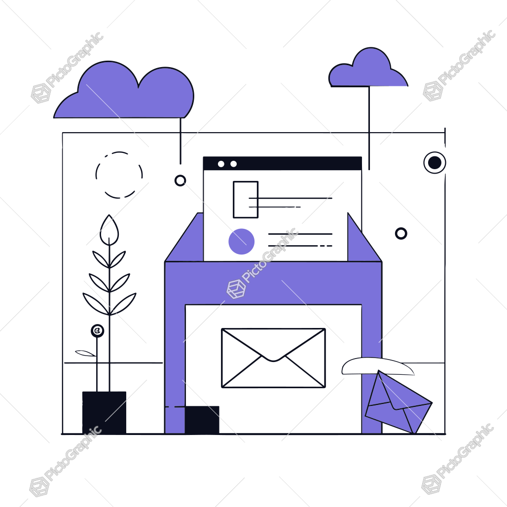 An abstract illustration depicting a mailbox and email interface with additional elements like clouds, a plant with an "@" symbol, and envelopes An abstract illustration depicting a mailbox and email interface with additional elements like clouds, a plant with an "@" symbol, and envelopes