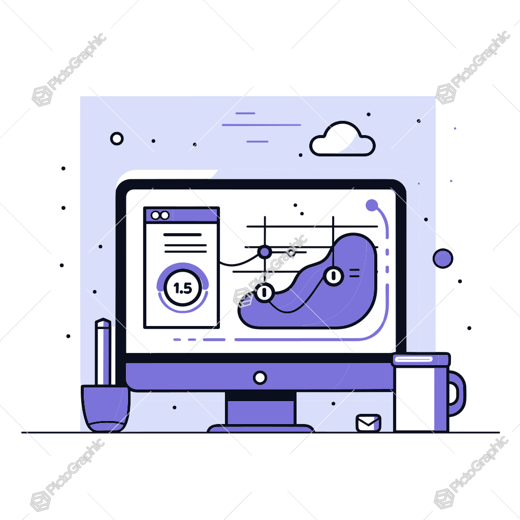 Illustration of a computer screen showing data analytics, surrounded by stationery Illustration of a computer screen showing data analytics, surrounded by stationery