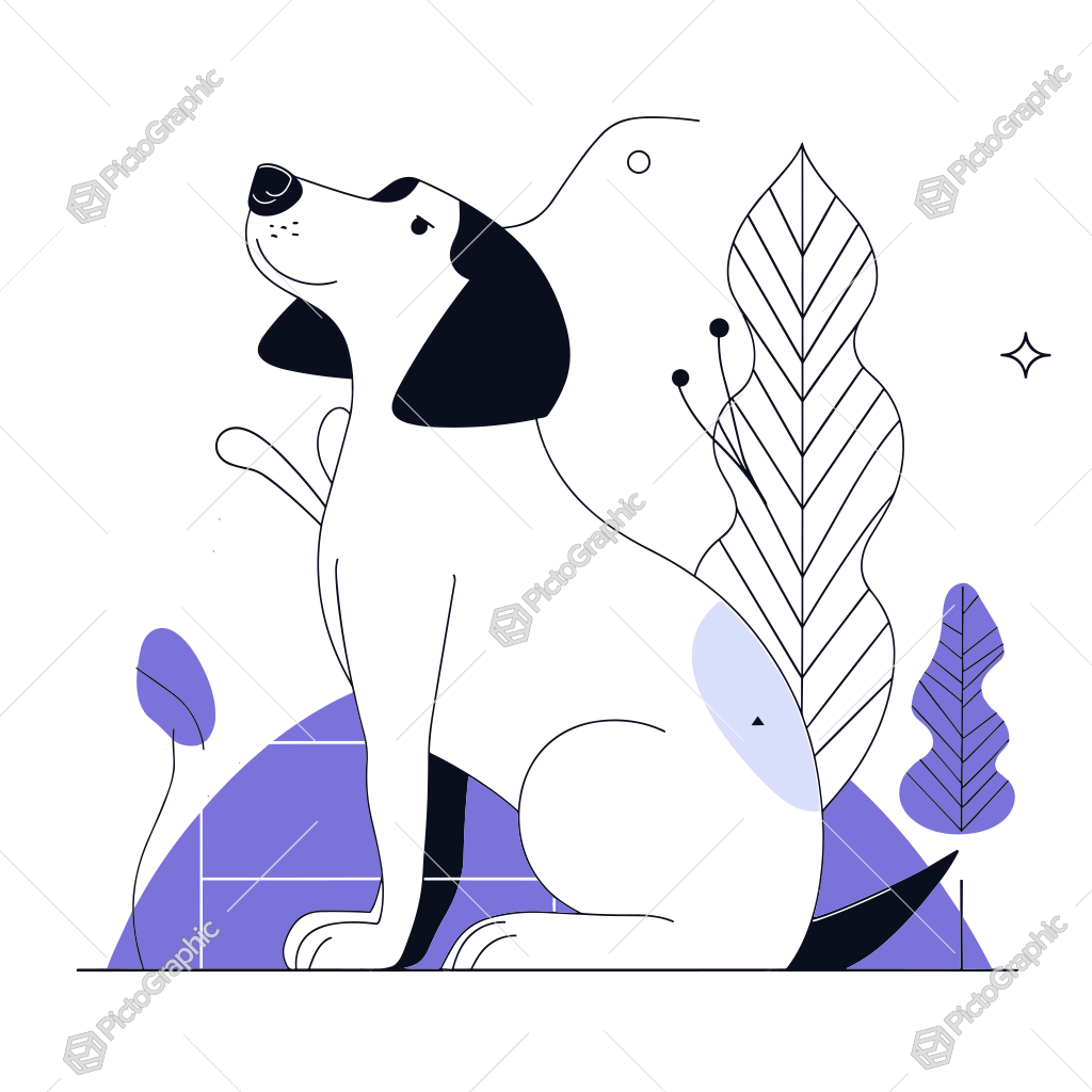 Illustration of a black and white dog with abstract plants and geometric shapes in the background
