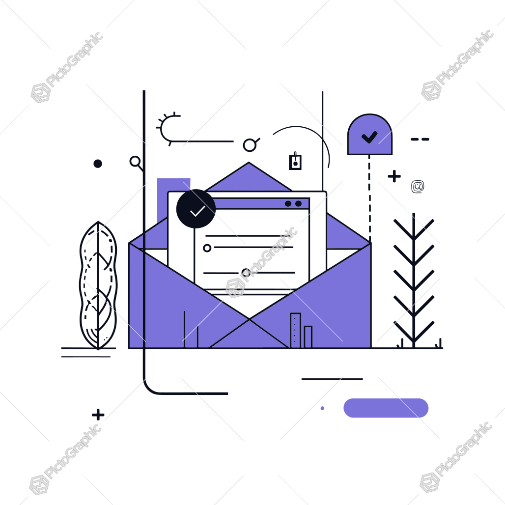 Abstract illustration of an open envelope with a document inside and various surrounding elements Abstract illustration of an open envelope with a document inside and various surrounding elements