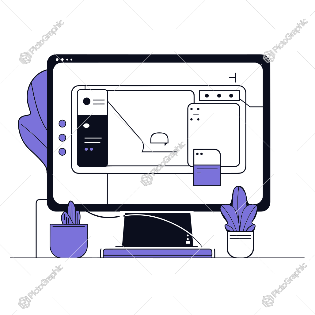 Illustration of a computer setup with multiple windows on the monitor and potted plants on the sides