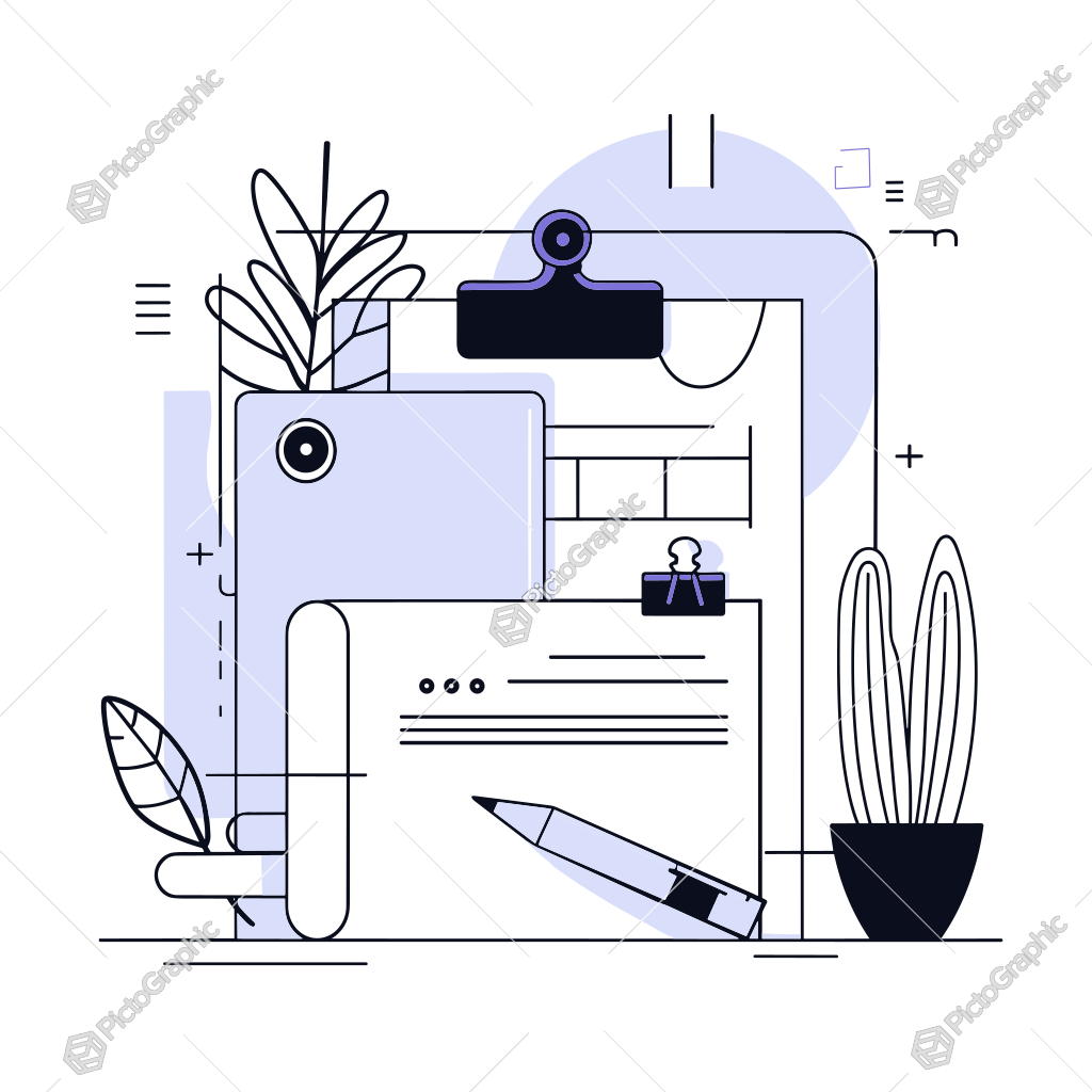An abstract illustration of an organized office setup with a clipboard, stationary, drawer unit, and plants An abstract illustration of an organized office setup with a clipboard, stationary, drawer unit, and plants