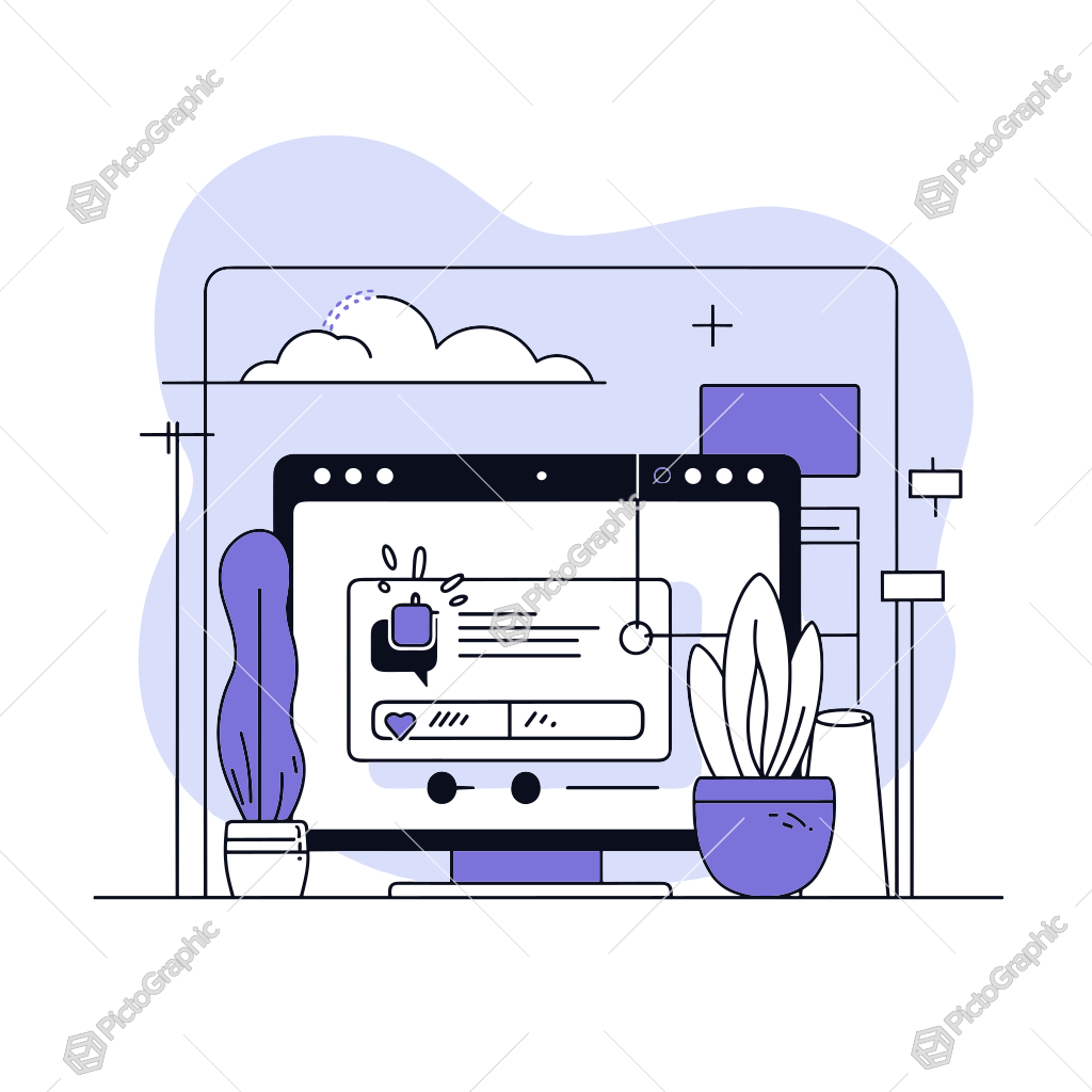 Illustration of a computer setup with a social media profile on the screen and surrounding decor