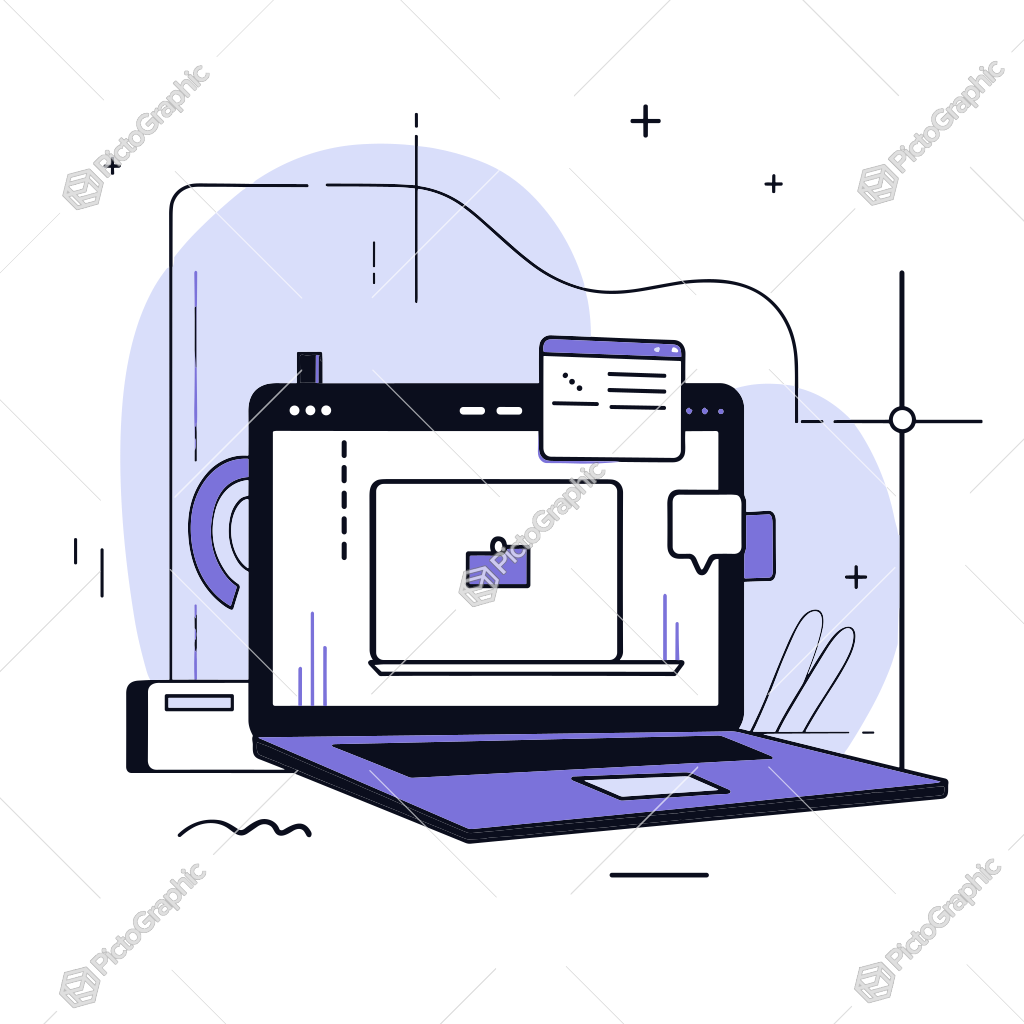 Illustration of a laptop surrounded by digital icons in a tech-themed setting