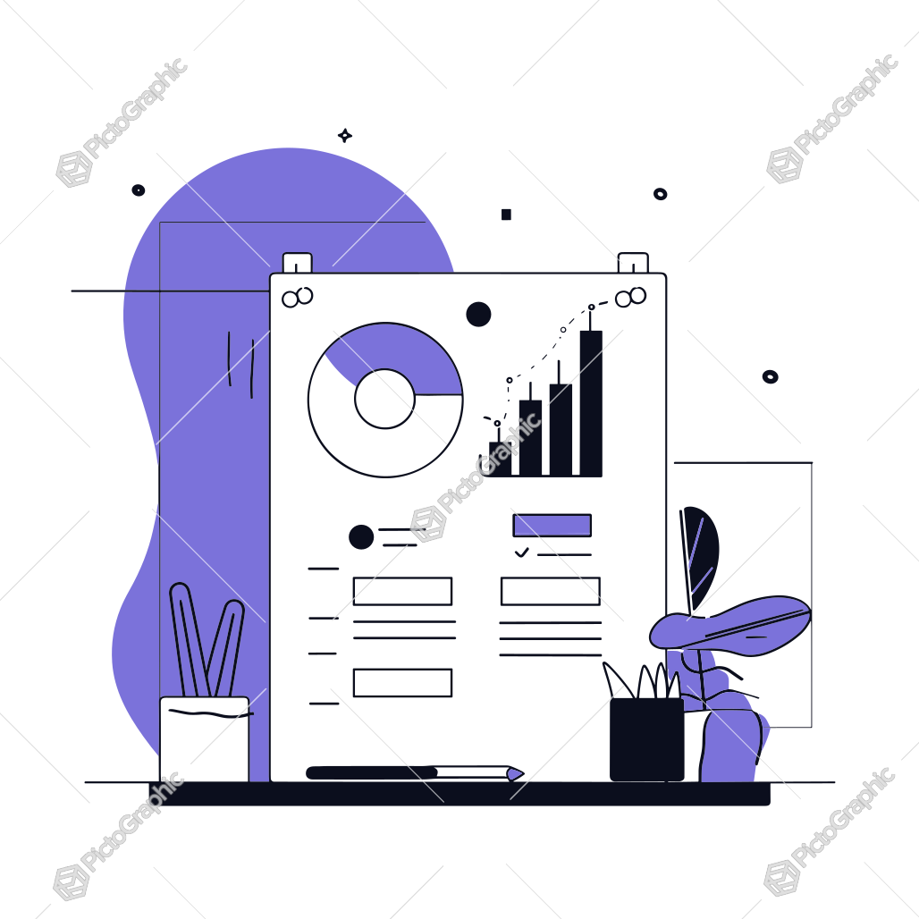 Abstract illustration of a clipboard with charts and stationery items Abstract illustration of a clipboard with charts and stationery items