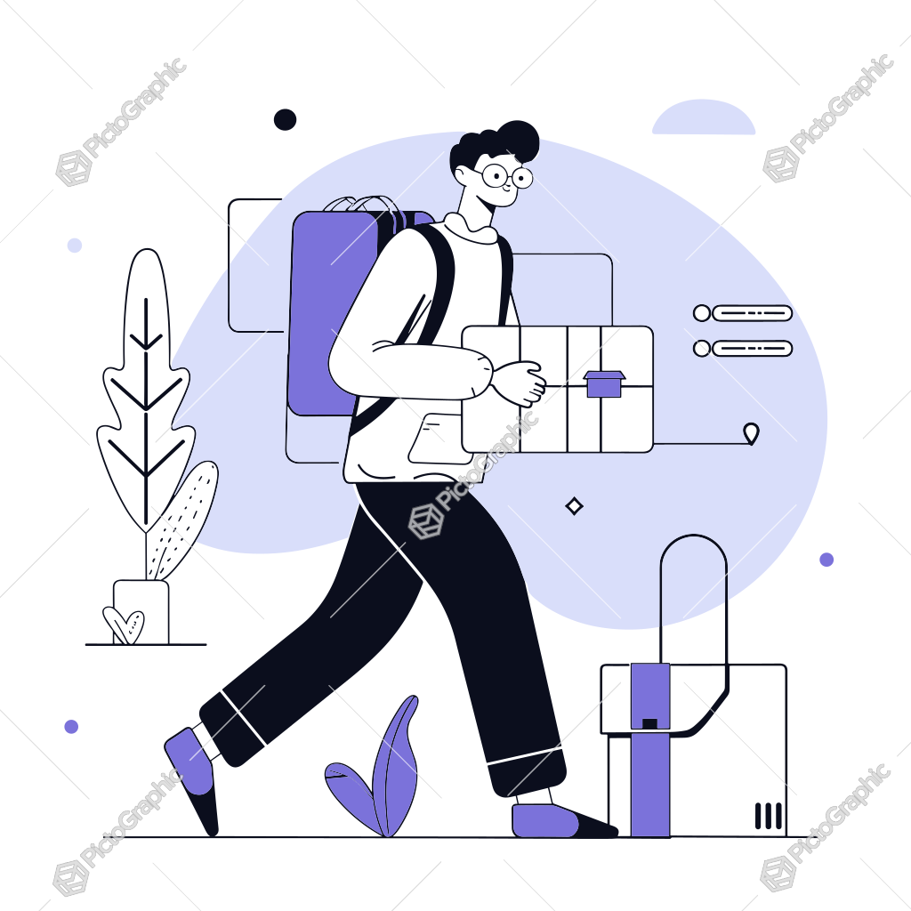 A stylized illustration of a person walking, carrying a suitcase and backpack, with abstract geometric shapes in the background A stylized illustration of a person walking, carrying a suitcase and backpack, with abstract geometric shapes in the background
