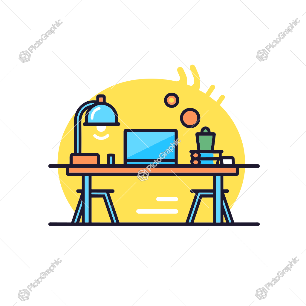 Illustration of a colorful and organized workspace with a laptop, lamp, and plant on a desk.