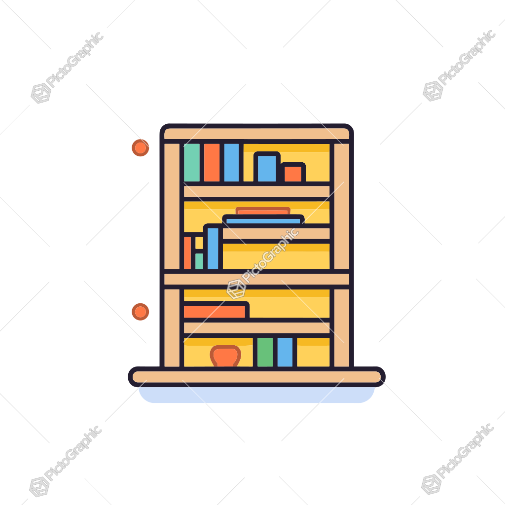 Illustration of a colorful bookshelf with various books.