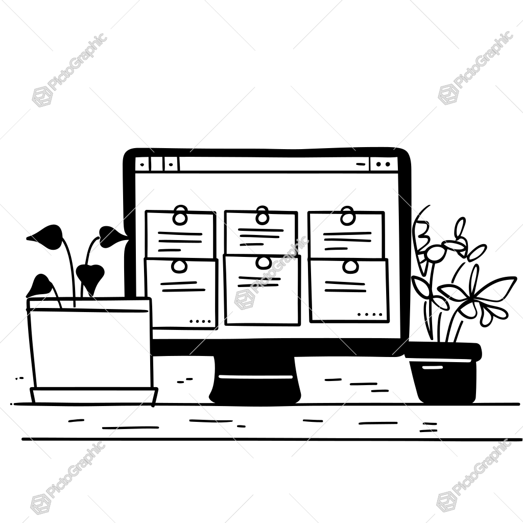 The image shows a black and white illustration of a computer screen with a potted plant in front of it. The computer screen is surrounded by a white background, and the plant is a vibrant green color. The image shows a black and white illustration of a computer screen with a potted plant in front of it. The computer screen is surrounded by a white background, and the plant is a vibrant green color.