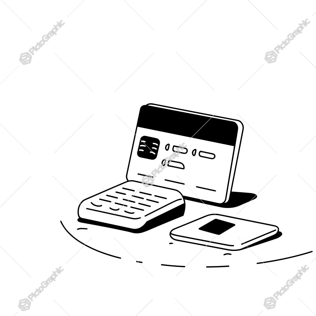 The image shows a black and white illustration of a credit card and a cell phone on a white background. The credit card is in the center of the image, with the cell phone to its right. The image shows a black and white illustration of a credit card and a cell phone on a white background. The credit card is in the center of the image, with the cell phone to its right.