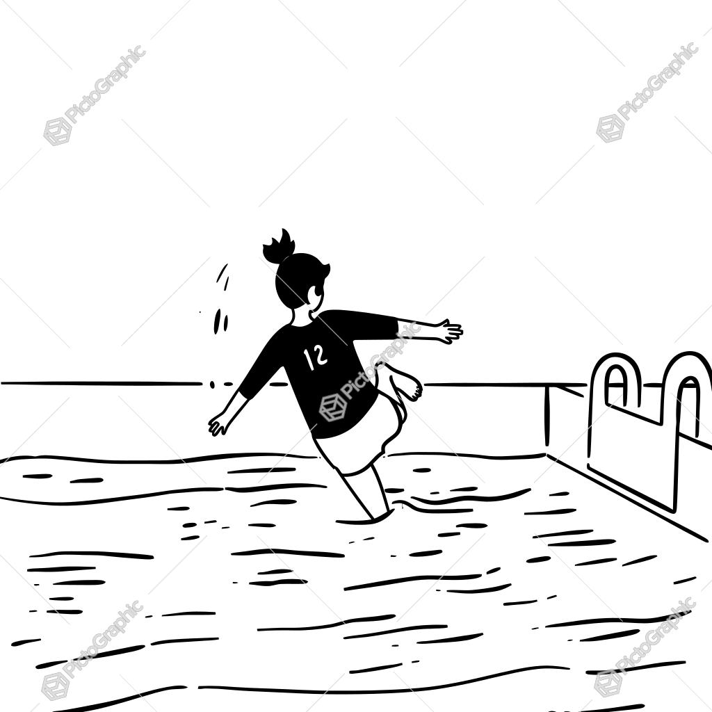 The image shows a black and white drawing of a girl jumping into a swimming pool. She is wearing a swimsuit and has her arms outstretched as she jumps into the water. The pool is surrounded by a railing and there is text at the bottom of the image. The image shows a black and white drawing of a girl jumping into a swimming pool. She is wearing a swimsuit and has her arms outstretched as she jumps into the water. The pool is surrounded by a railing and there is text at the bottom of the image.