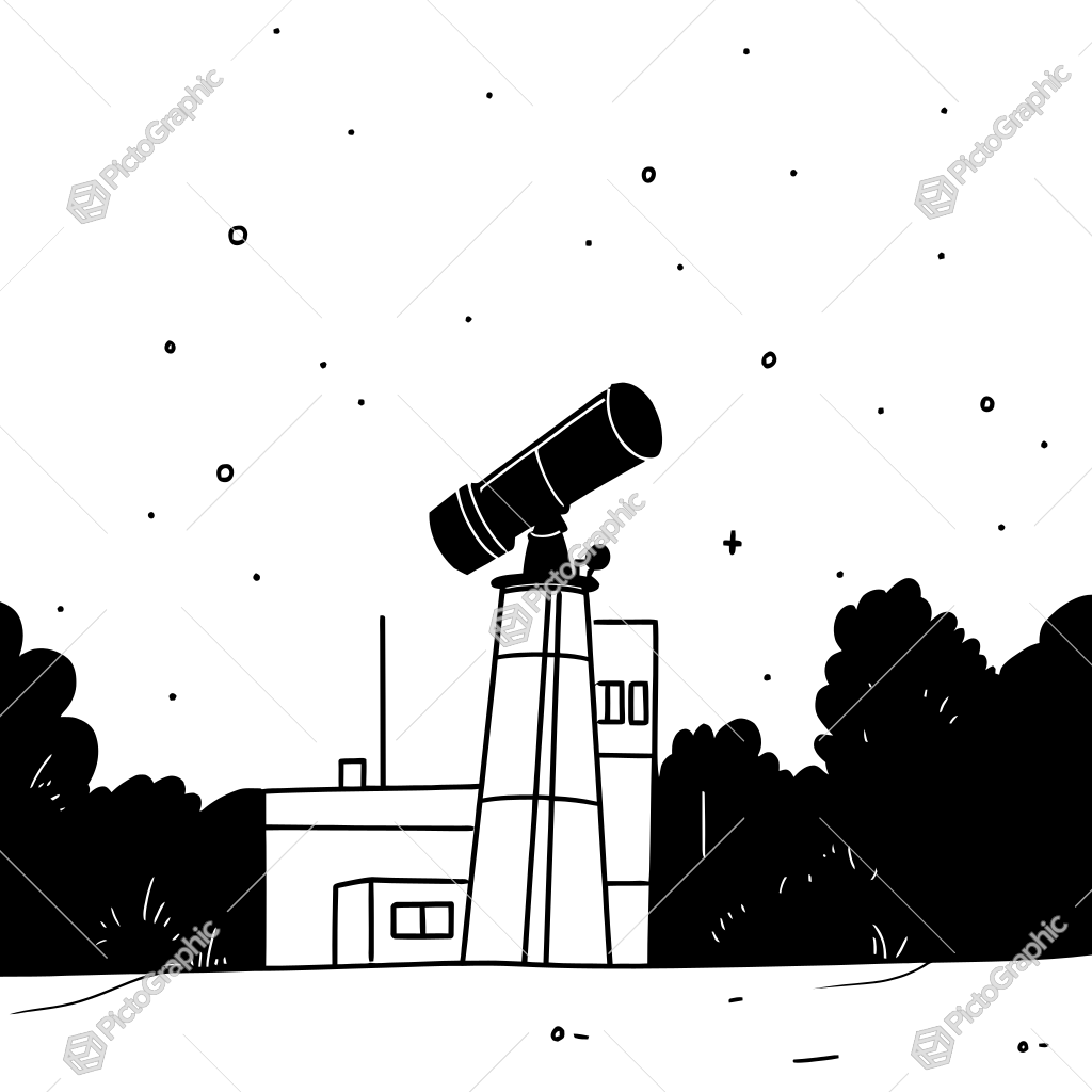 The image shows a black and white illustration of a building with a telescope on top of it, surrounded by trees and a starry sky in the background. The image shows a black and white illustration of a building with a telescope on top of it, surrounded by trees and a starry sky in the background.