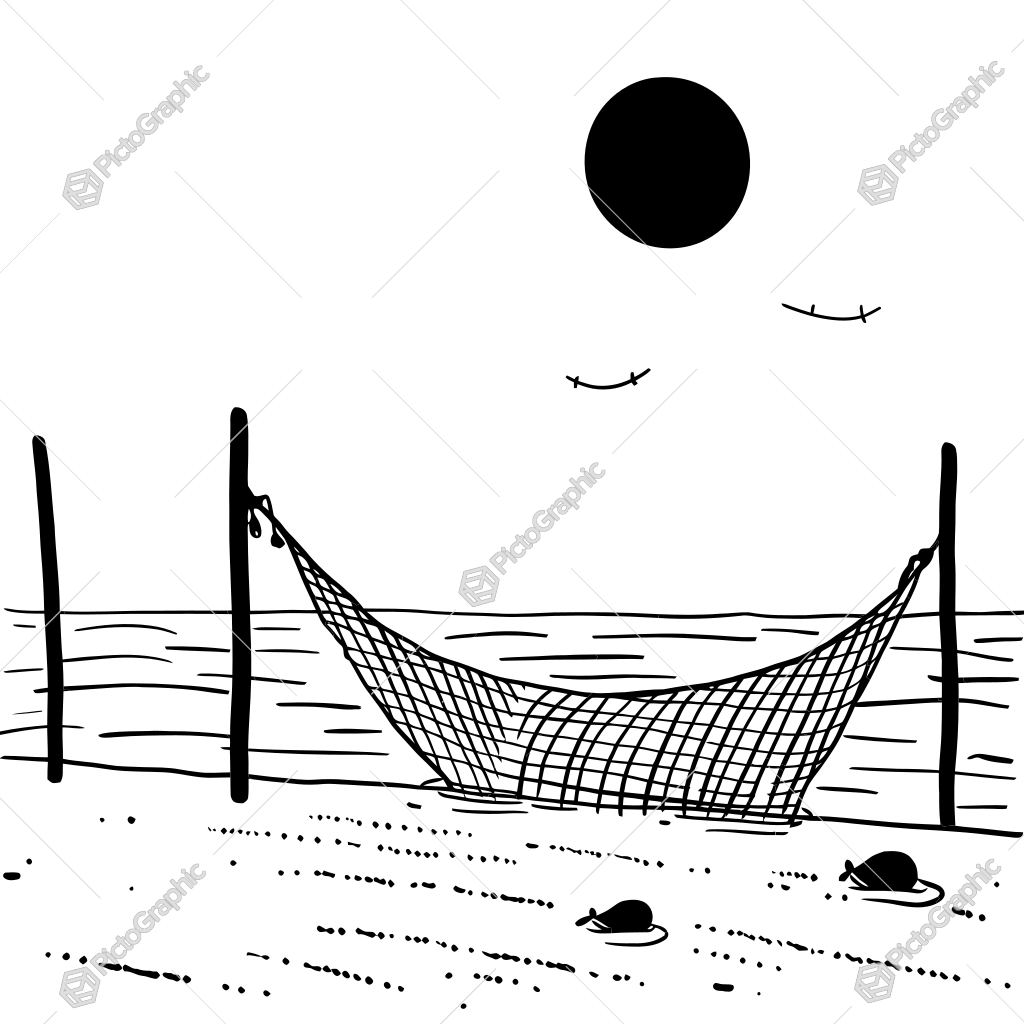 The image shows a black and white drawing of a hammock tied to two poles on the beach, with a few birds flying in the sky and a sun in the background. The image shows a black and white drawing of a hammock tied to two poles on the beach, with a few birds flying in the sky and a sun in the background.
