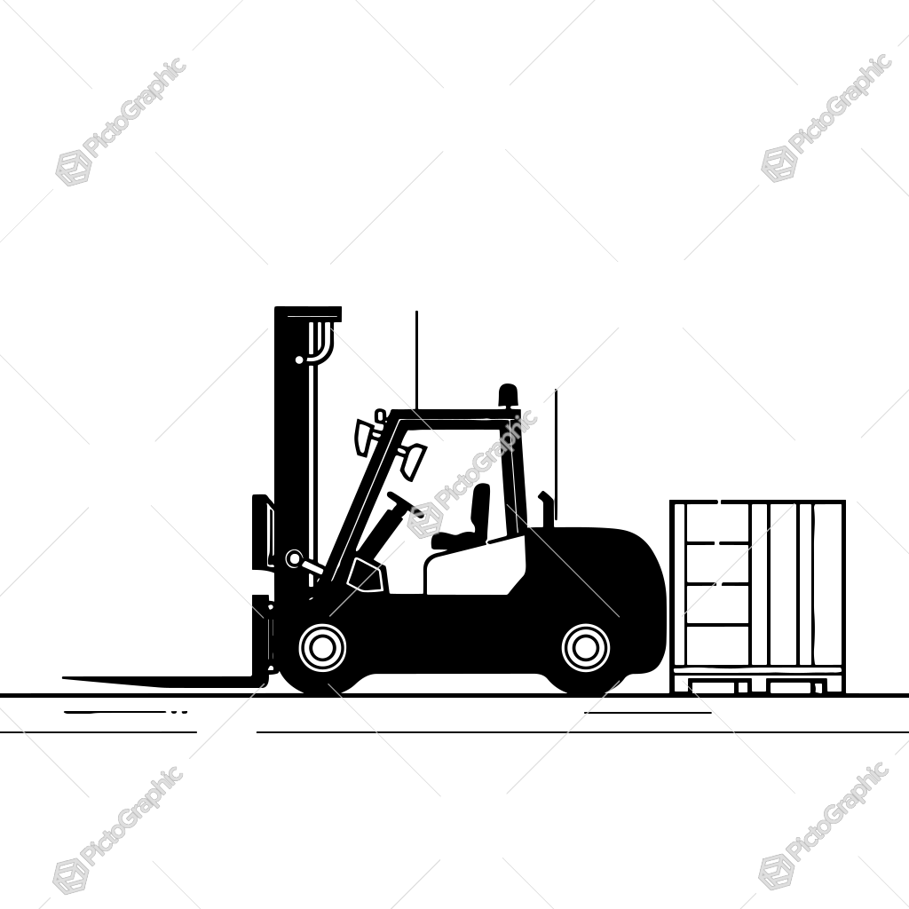 The image shows a black and white drawing of a forklift truck with a container in the background. The forklift is positioned in the center of the image, with the container to its right. The background is a solid white color. The image shows a black and white drawing of a forklift truck with a container in the background. The forklift is positioned in the center of the image, with the container to its right. The background is a solid white color.