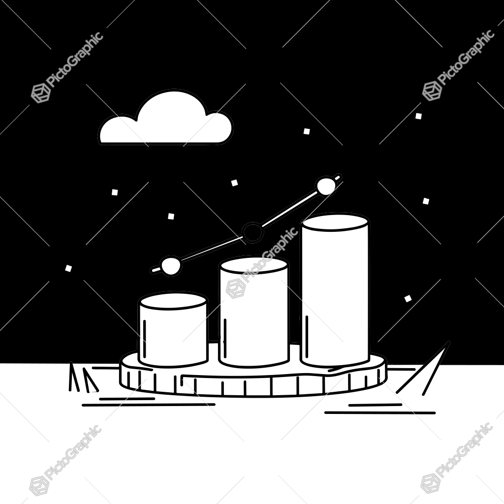 The image shows a black and white illustration of a bar chart with a red dot in the middle of it, surrounded by a few white objects and a white cloud in the background. The image shows a black and white illustration of a bar chart with a red dot in the middle of it, surrounded by a few white objects and a white cloud in the background.