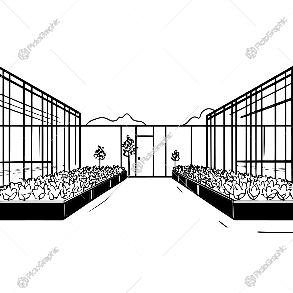 The image shows a black and white drawing of a greenhouse filled with plants and trees, with a white background. The plants are arranged in a neat and orderly fashion, and the trees are tall and lush, providing a canopy of shade over the greenhouse. The image shows a black and white drawing of a greenhouse filled with plants and trees, with a white background. The plants are arranged in a neat and orderly fashion, and the trees are tall and lush, providing a canopy of shade over the greenhouse.