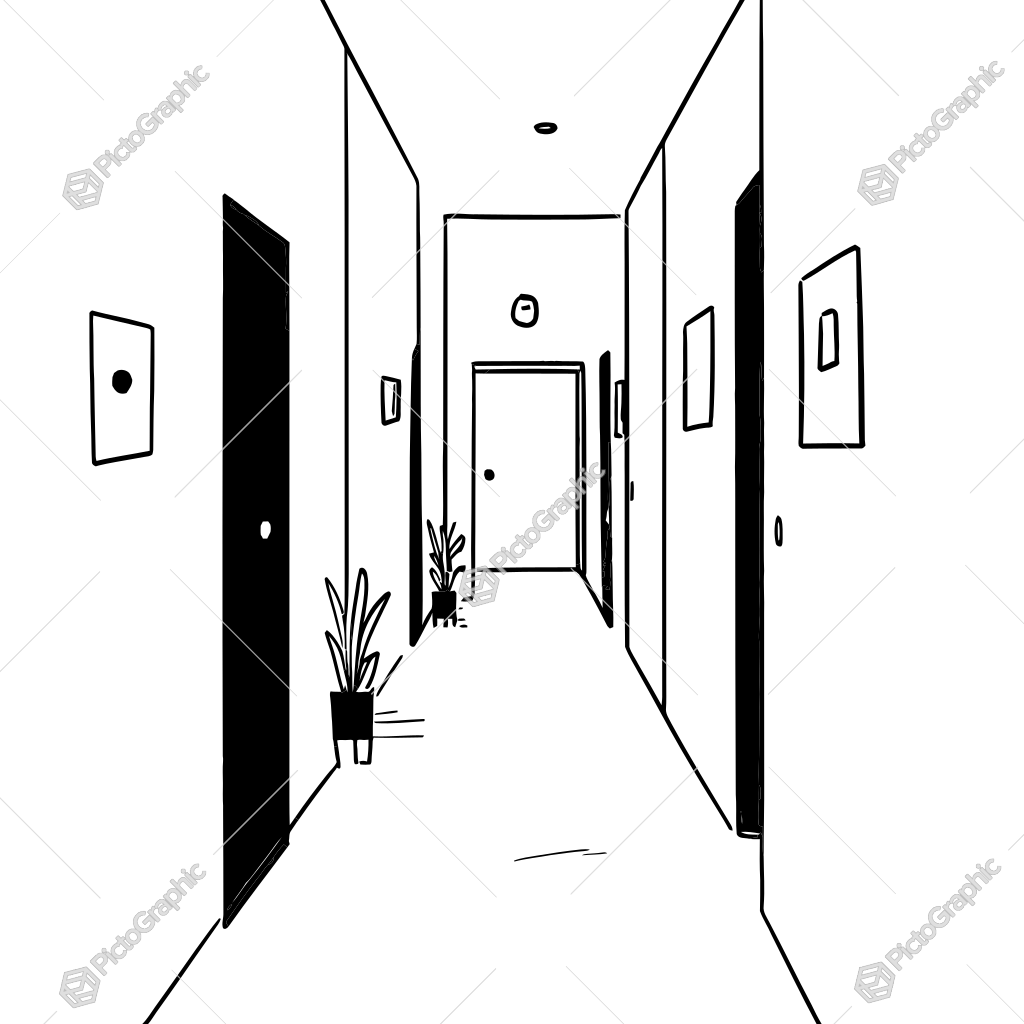 The image shows a black and white drawing of a hallway with doors, house plants, and frames on the walls. At the bottom of the image, there is some text. The image shows a black and white drawing of a hallway with doors, house plants, and frames on the walls. At the bottom of the image, there is some text.