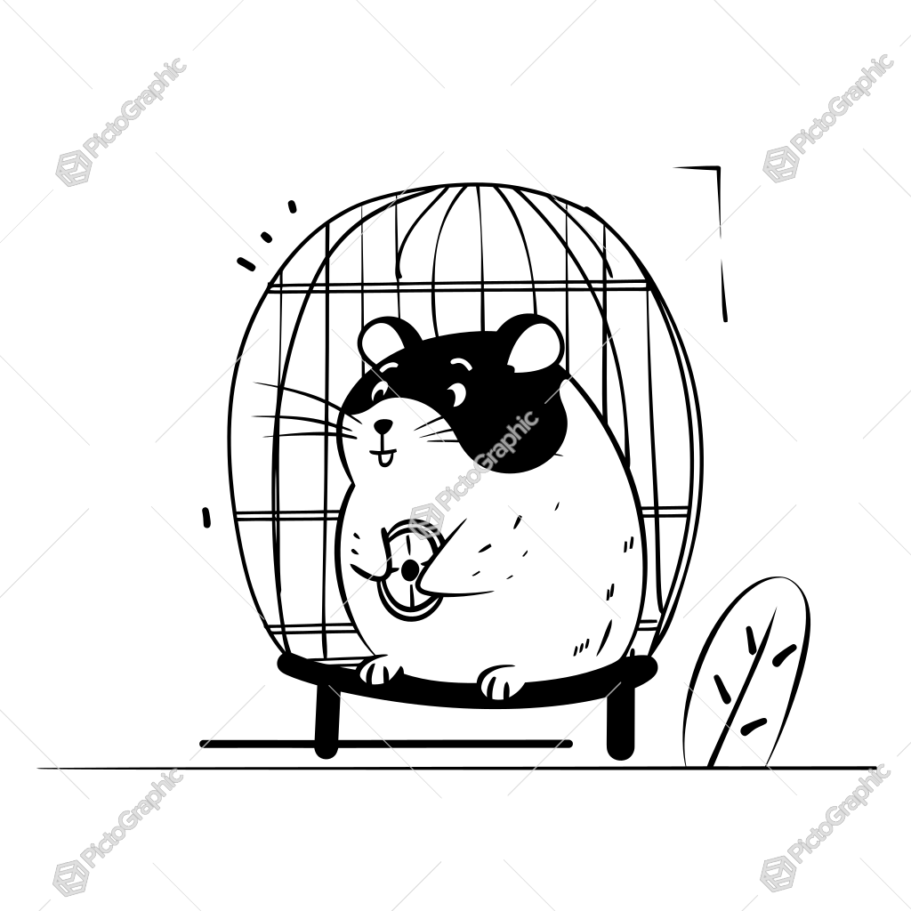 The image shows a black and white drawing of a hamster in a cage. The hamster is sitting inside the cage, with its ears perked up and its eyes wide open. Its fur is shaded in a light brown color, and its tail is curled around its body. The image shows a black and white drawing of a hamster in a cage. The hamster is sitting inside the cage, with its ears perked up and its eyes wide open. Its fur is shaded in a light brown color, and its tail is curled around its body.