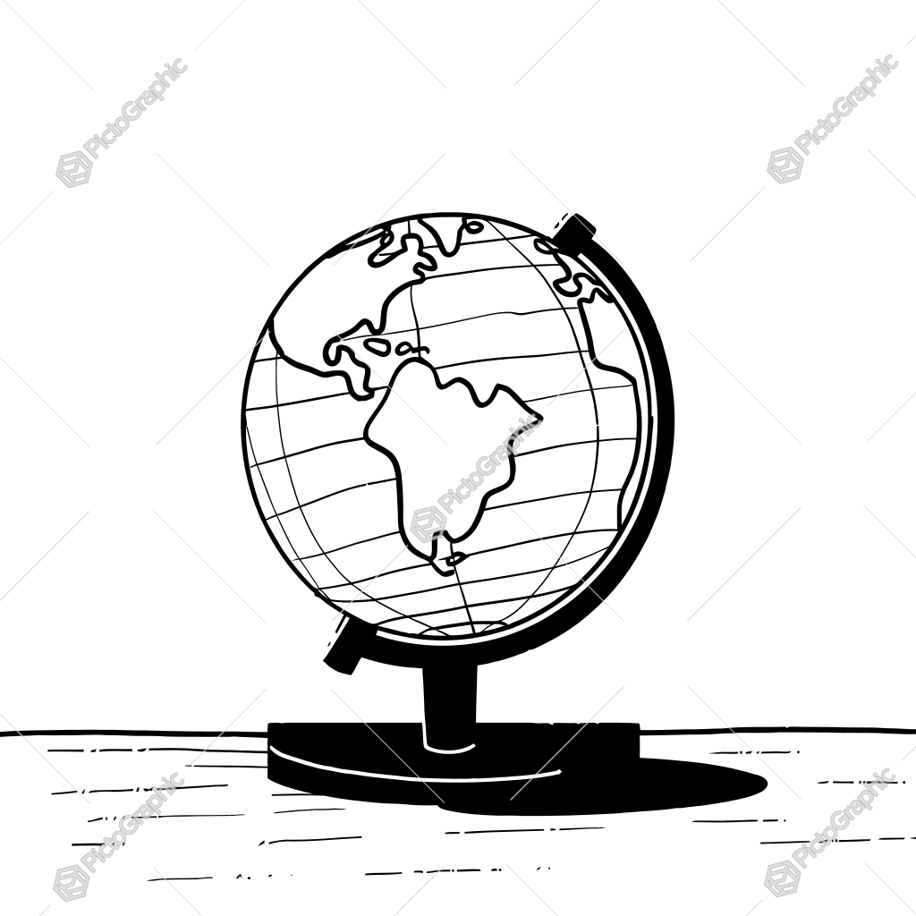 The image shows a black and white drawing of a globe on a table. The globe is in the center of the image and is surrounded by a white background. The image shows a black and white drawing of a globe on a table. The globe is in the center of the image and is surrounded by a white background.