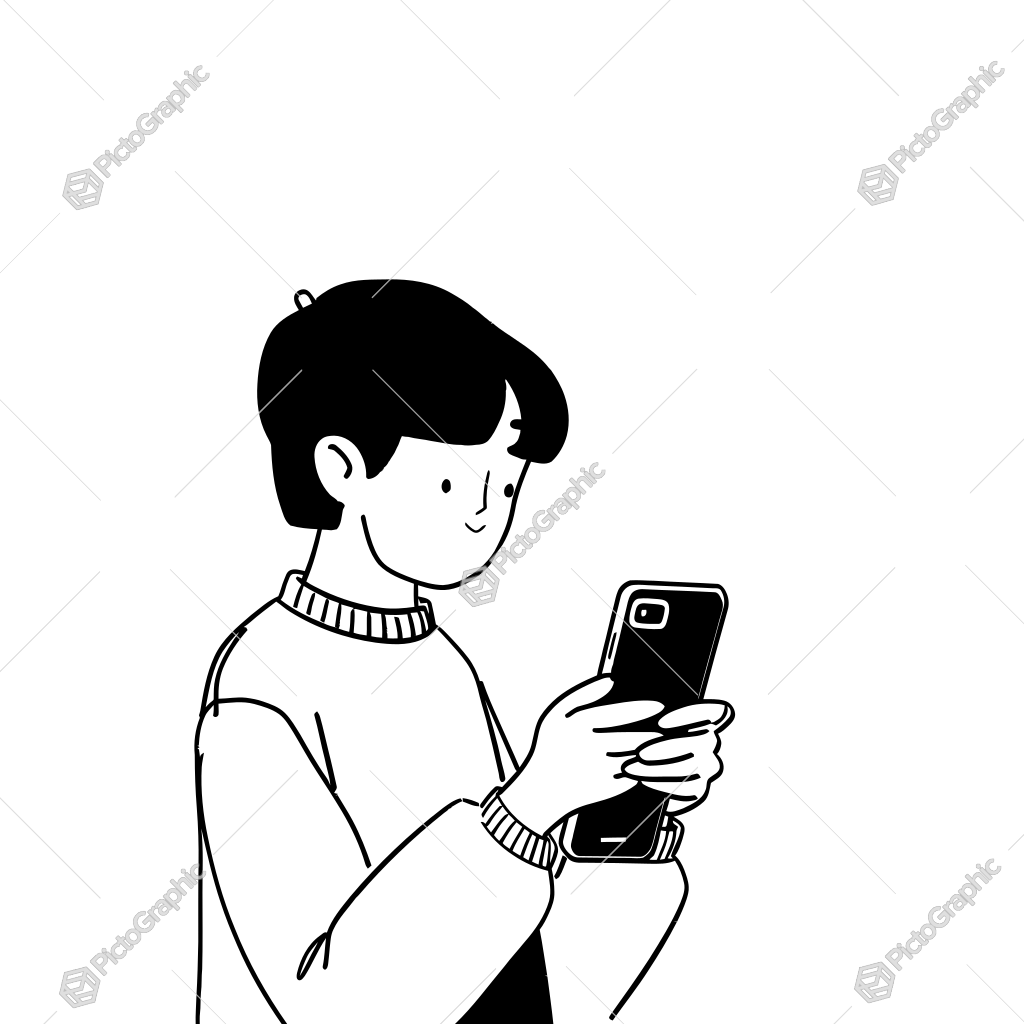 The image shows a black and white drawing of a person holding a cell phone. The person has a human face and is looking intently at the phone. The image shows a black and white drawing of a person holding a cell phone. The person has a human face and is looking intently at the phone.