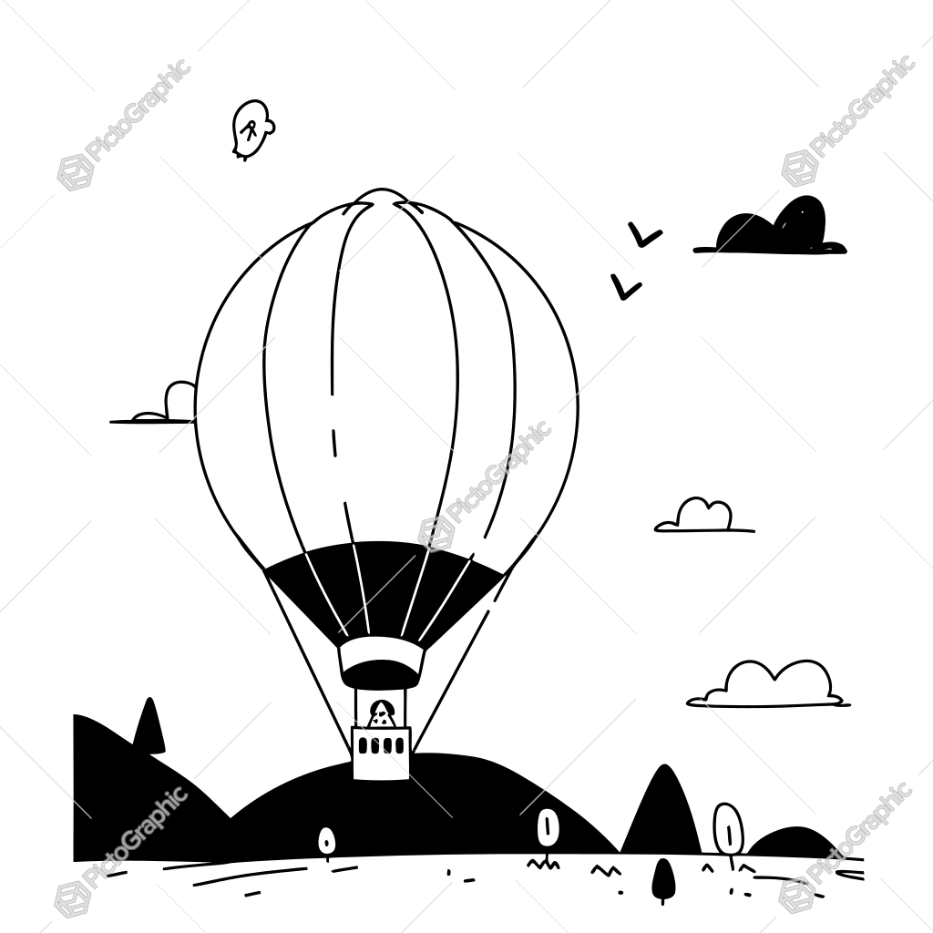 A black and white drawing of a hot air balloon flying over a field.