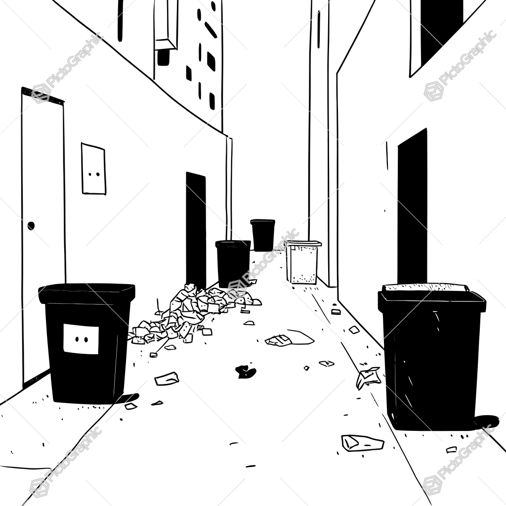 The image shows a black and white drawing of a hallway with trash cans scattered on the floor. On either side of the hallway are walls with doors, and in the background is a building. The image shows a black and white drawing of a hallway with trash cans scattered on the floor. On either side of the hallway are walls with doors, and in the background is a building.