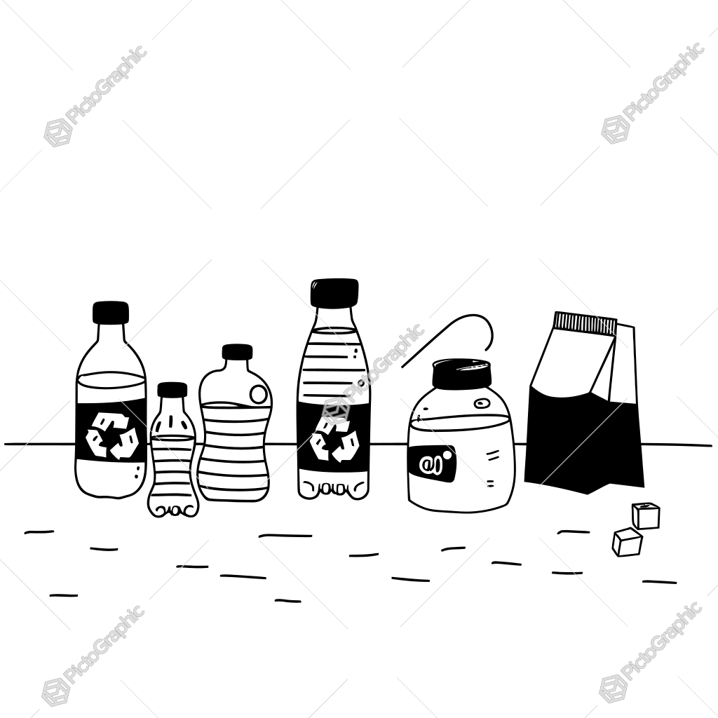 The image shows a black and white drawing of a group of plastic bottles and a bag on the ground. The bottles are of various sizes and shapes, and the bag appears to be made of plastic. The image shows a black and white drawing of a group of plastic bottles and a bag on the ground. The bottles are of various sizes and shapes, and the bag appears to be made of plastic.