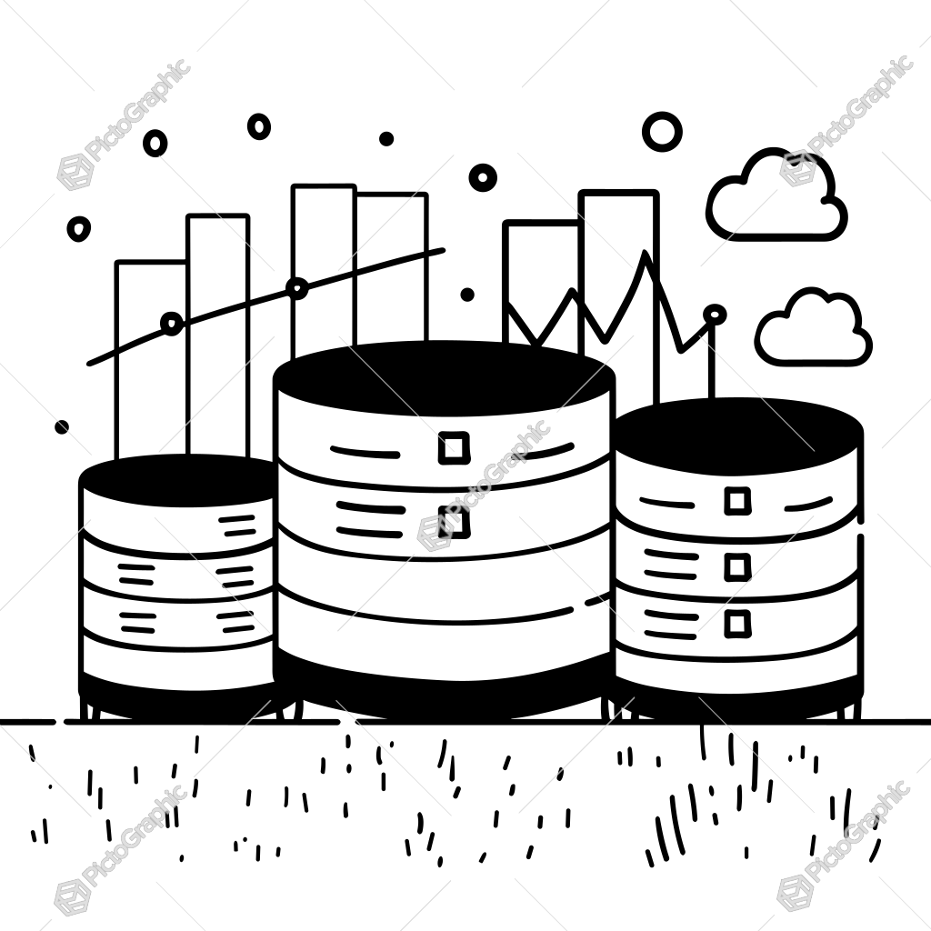 The image shows a black and white illustration of a database with graphs and clouds in the background. The data storage is depicted in the center of the image, surrounded by the clouds and graphs. The image shows a black and white illustration of a database with graphs and clouds in the background. The data storage is depicted in the center of the image, surrounded by the clouds and graphs.