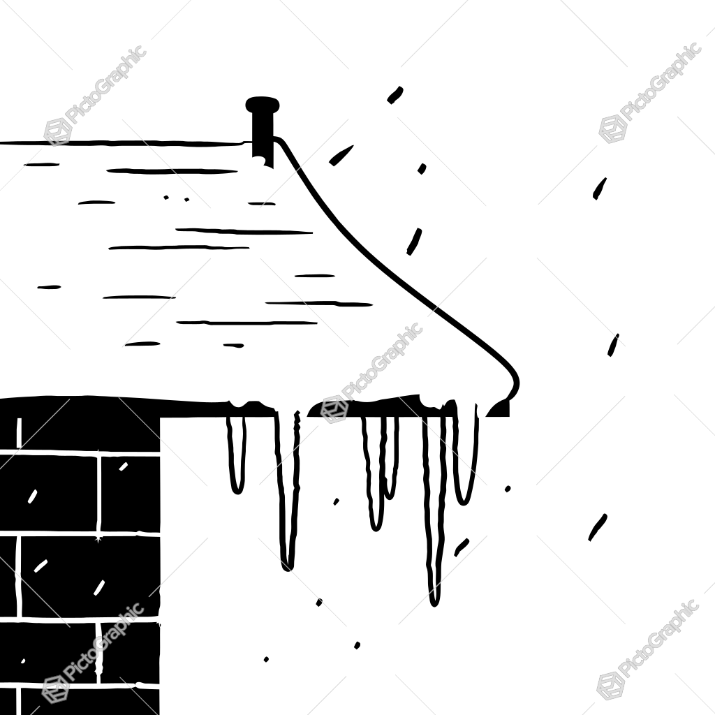 The image shows a black and white drawing of a house with icicles hanging from the roof. The icicles are dripping down the side of the house, creating a stark contrast between the white background and the dark icicles. The image shows a black and white drawing of a house with icicles hanging from the roof. The icicles are dripping down the side of the house, creating a stark contrast between the white background and the dark icicles.