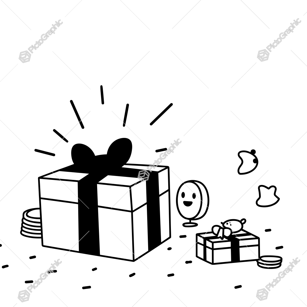 The image shows a black and white drawing of a gift box with a mouse on top of it, surrounded by a few other objects. The background is white and there is a watermark in the bottom right corner. The image shows a black and white drawing of a gift box with a mouse on top of it, surrounded by a few other objects. The background is white and there is a watermark in the bottom right corner.