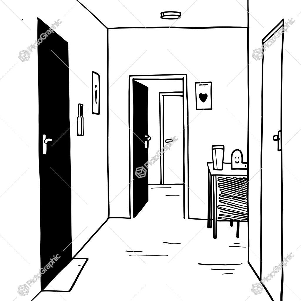 The image shows a black and white drawing of a hallway with two doors, a table with various objects on it, and frames attached to the wall. The image shows a black and white drawing of a hallway with two doors, a table with various objects on it, and frames attached to the wall.