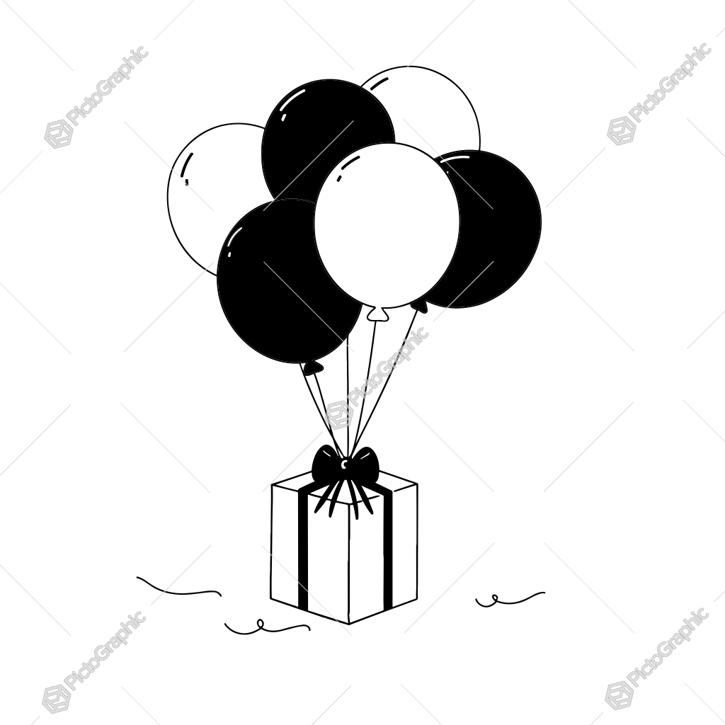 The image shows a black and white drawing of a gift box with a bunch of balloons attached to it, set against a white background. The image shows a black and white drawing of a gift box with a bunch of balloons attached to it, set against a white background.