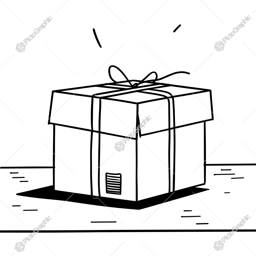 The image shows a black and white drawing of a gift box with a ribbon tied around it, set against a white background. The image shows a black and white drawing of a gift box with a ribbon tied around it, set against a white background.