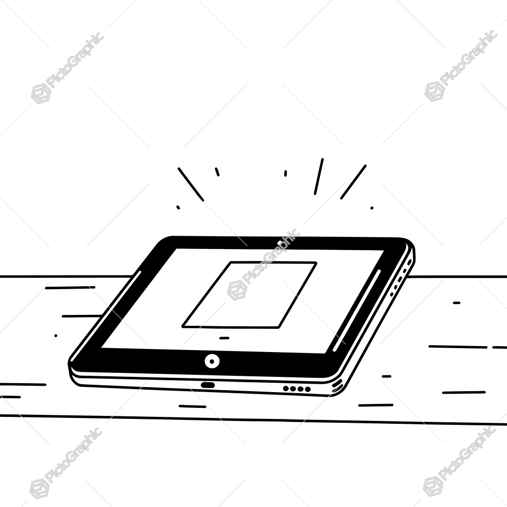 The image shows a black and white drawing of a tablet computer on a white background. The tablet is depicted in a clipart style, with a rectangular shape and a glossy finish. It has a black bezel and a white screen, and the edges of the tablet are slightly curved. The image shows a black and white drawing of a tablet computer on a white background. The tablet is depicted in a clipart style, with a rectangular shape and a glossy finish. It has a black bezel and a white screen, and the edges of the tablet are slightly curved.