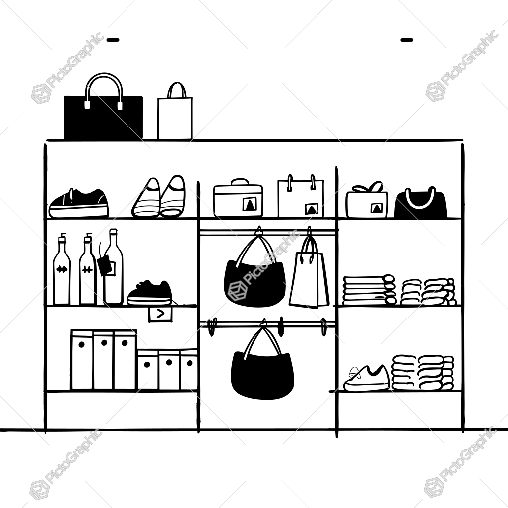 The image shows a black and white illustration of a closet filled with handbags, shoes, bottles, and other items. The image shows a black and white illustration of a closet filled with handbags, shoes, bottles, and other items.