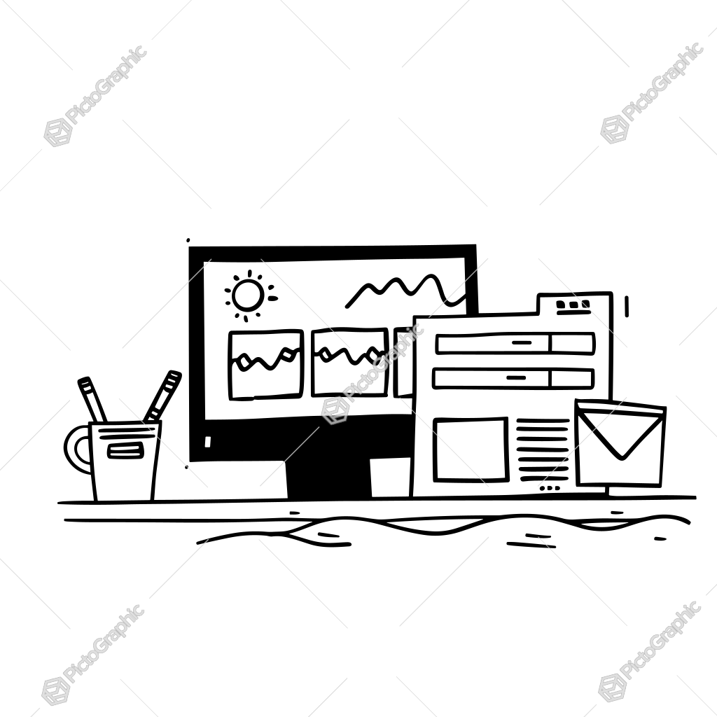 The image shows a black and white illustration of a computer screen with a cup of coffee and a pen on it. The monitor is in the center of the image and the cup is to the left of it. The image shows a black and white illustration of a computer screen with a cup of coffee and a pen on it. The monitor is in the center of the image and the cup is to the left of it.
