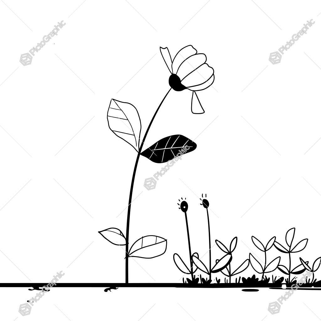 The image shows a black and white drawing of a flower in the middle of a field, surrounded by other plants. The flower is in full bloom, with its petals spread wide and its center a bright yellow. The background is a stark white, allowing the flower to stand out in stark contrast. The image shows a black and white drawing of a flower in the middle of a field, surrounded by other plants. The flower is in full bloom, with its petals spread wide and its center a bright yellow. The background is a stark white, allowing the flower to stand out in stark contrast.
