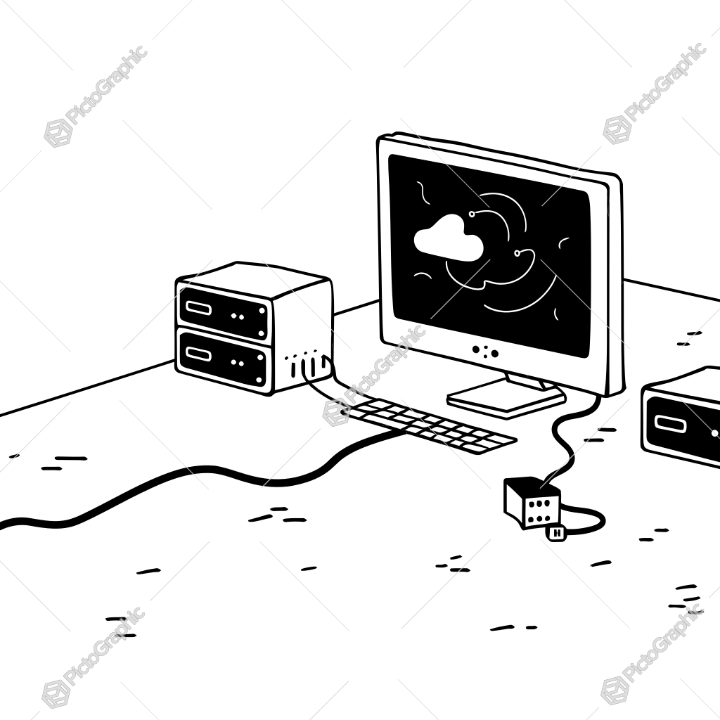 The image shows a black and white illustration of a computer with a cloud on the screen, a keyboard, two CPUs, and a cable connected to it. The image shows a black and white illustration of a computer with a cloud on the screen, a keyboard, two CPUs, and a cable connected to it.