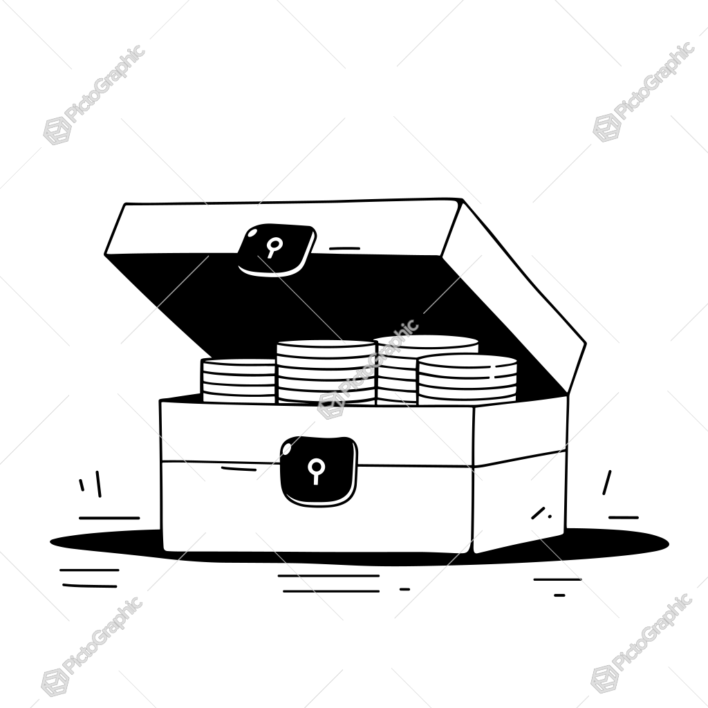 The image shows a black and white illustration of a chest full of coins with a lock on it, suggesting that it is a safe and secure place to store coins. The image shows a black and white illustration of a chest full of coins with a lock on it, suggesting that it is a safe and secure place to store coins.