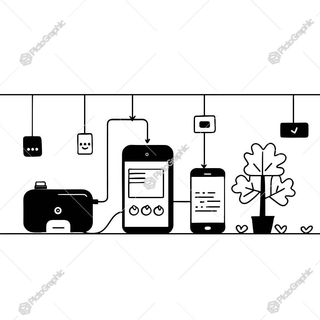 The image shows a black and white illustration of a cell phone connected to a potted plant, with a device connected to the phone via a cable. The image shows a black and white illustration of a cell phone connected to a potted plant, with a device connected to the phone via a cable.
