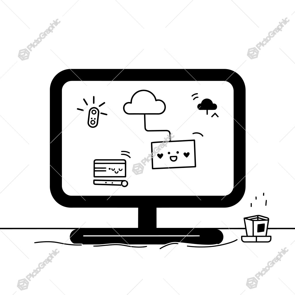 The image shows a black and white illustration of a computer monitor with a cloud computing icon on the screen. The monitor is surrounded by a white background, and there is text at the bottom of the image. The image shows a black and white illustration of a computer monitor with a cloud computing icon on the screen. The monitor is surrounded by a white background, and there is text at the bottom of the image.