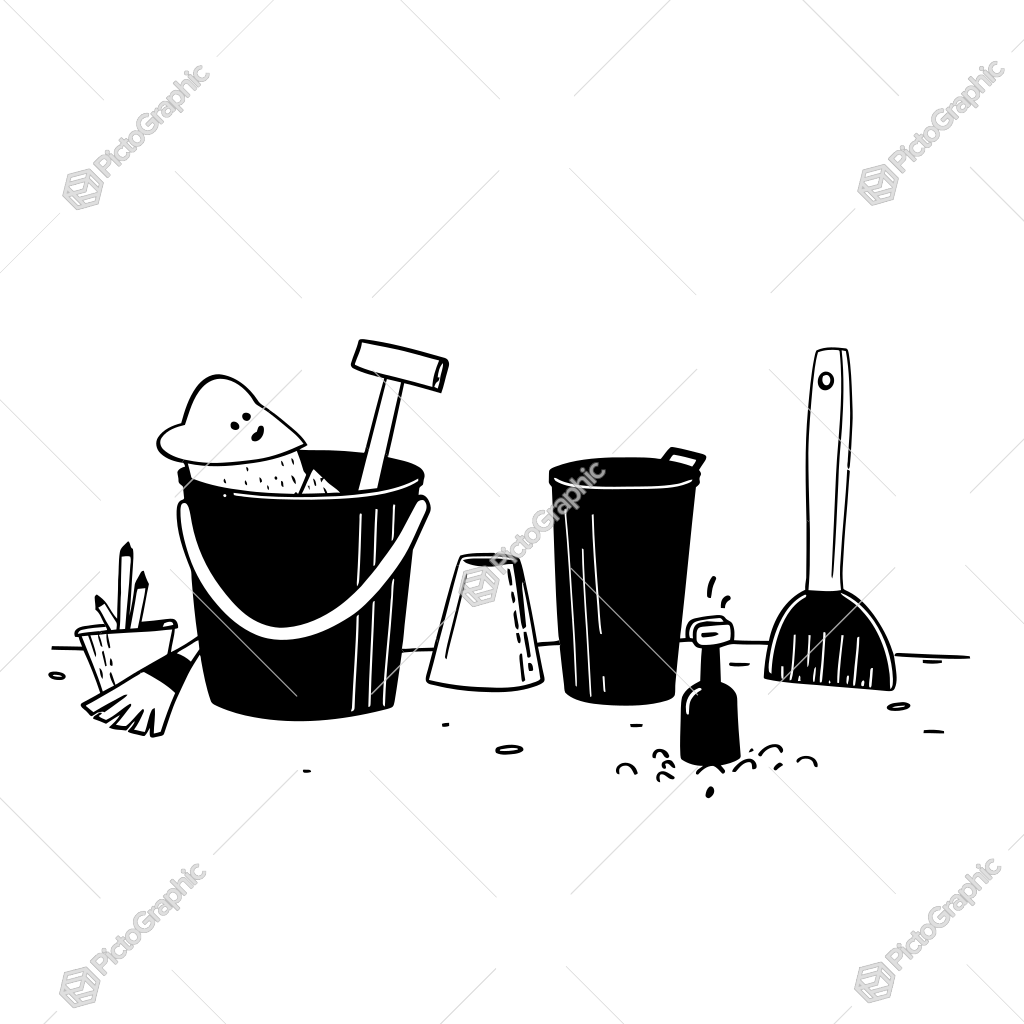 The image shows a black and white illustration of a bucket full of cleaning supplies, including a brush, a bucket, a glass, and a bottle, all on a white background. The image shows a black and white illustration of a bucket full of cleaning supplies, including a brush, a bucket, a glass, and a bottle, all on a white background.