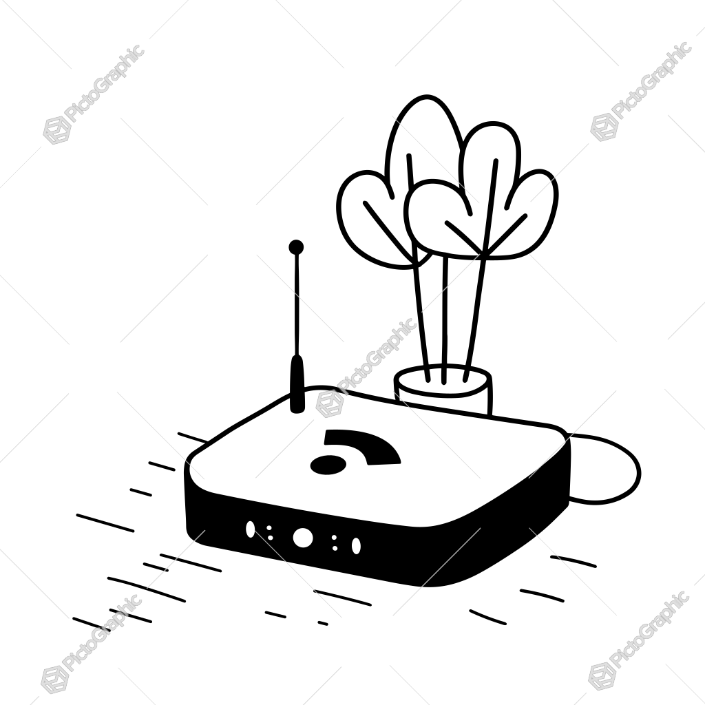 The image shows a black and white drawing of a wireless router with a potted plant on top of it, set against a white background. The image shows a black and white drawing of a wireless router with a potted plant on top of it, set against a white background.