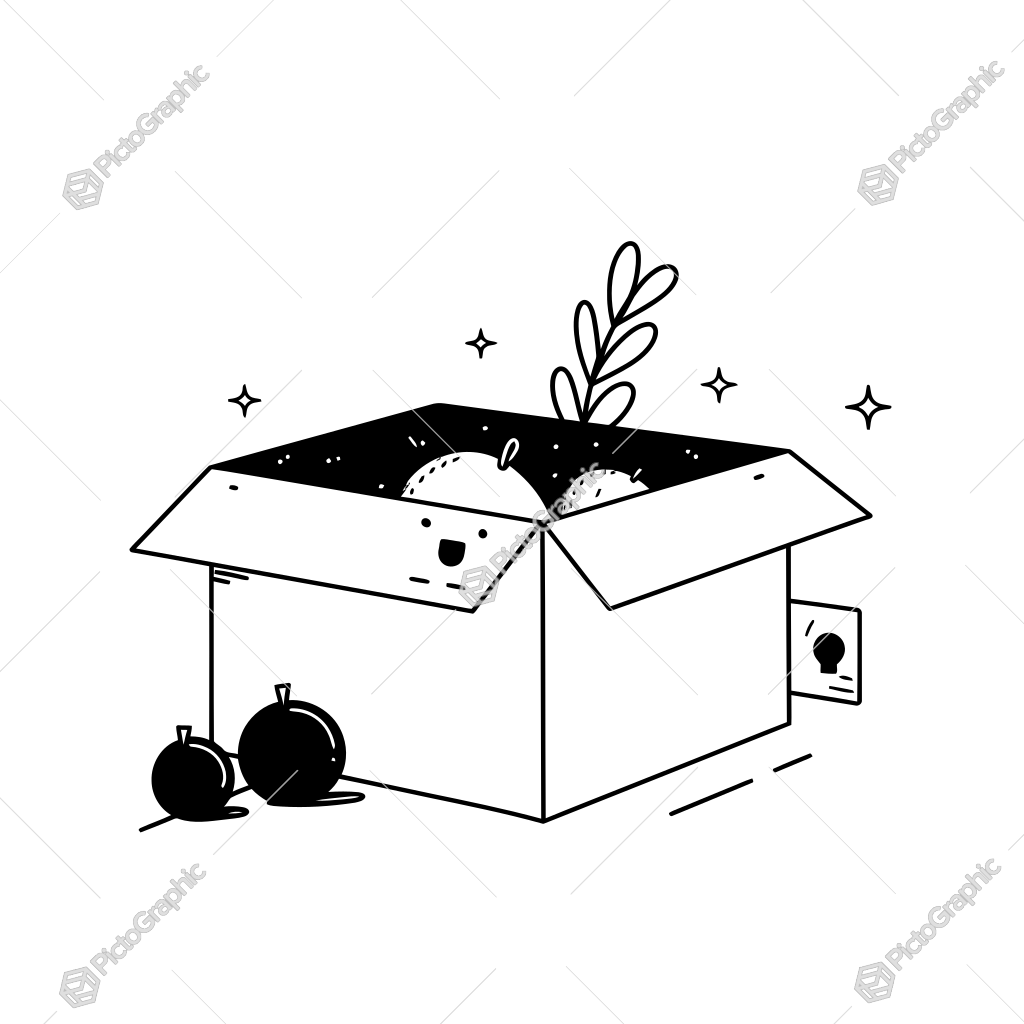The image shows a black and white illustration of a box with a plant growing out of it, surrounded by a few other objects. The background is white and there is a watermark on the image. The image shows a black and white illustration of a box with a plant growing out of it, surrounded by a few other objects. The background is white and there is a watermark on the image.