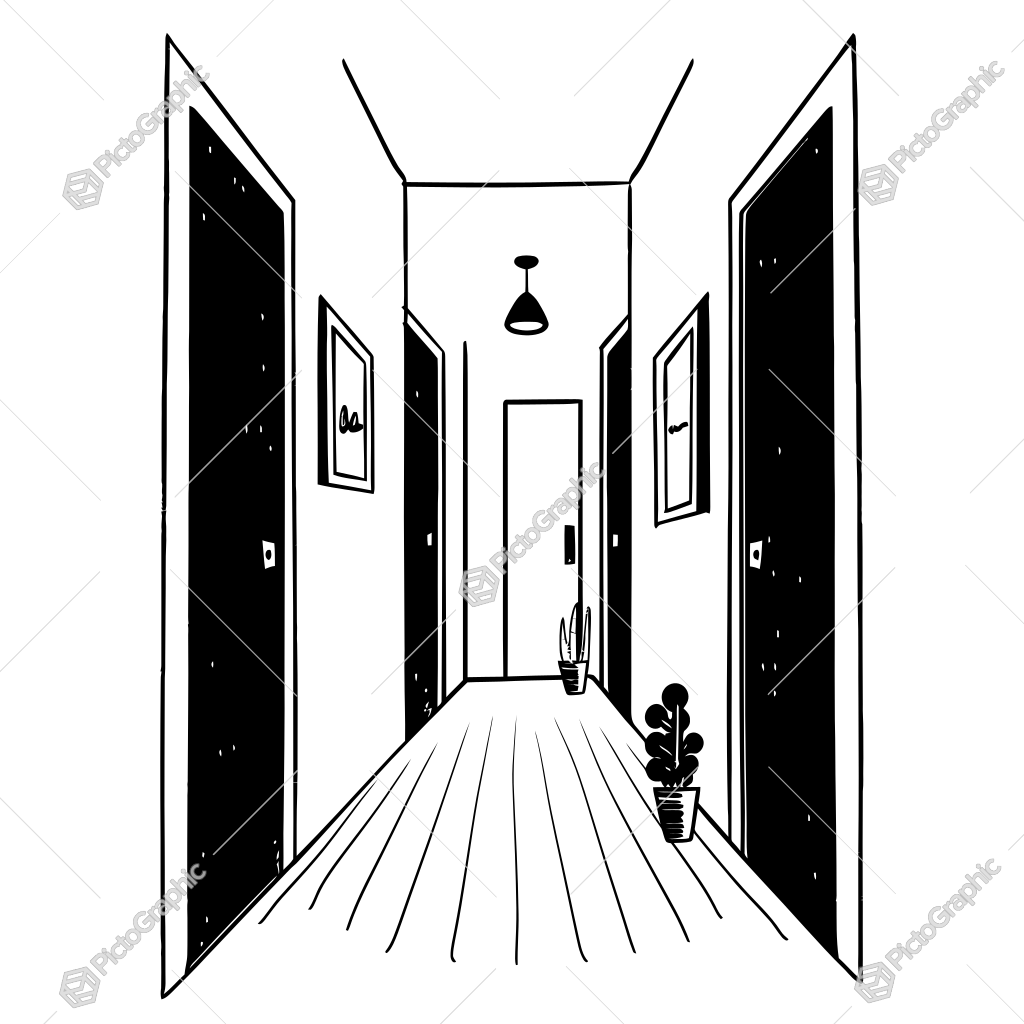 The image shows a black and white drawing of a hallway with potted plants, doors, frames on the walls, and a light hanging from the ceiling. The image shows a black and white drawing of a hallway with potted plants, doors, frames on the walls, and a light hanging from the ceiling.