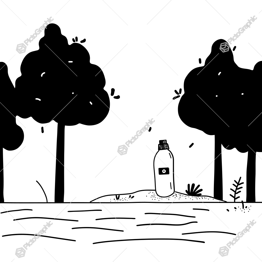 The image shows a black and white illustration of a bottle of water in the middle of a field, surrounded by trees and plants. The image shows a black and white illustration of a bottle of water in the middle of a field, surrounded by trees and plants.