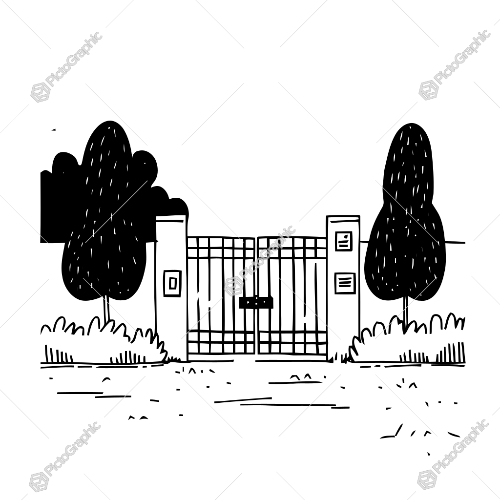 The image shows a black and white drawing of a gate with trees in the background. The gate is surrounded by lush green plants and trees, creating a peaceful and tranquil atmosphere. The image shows a black and white drawing of a gate with trees in the background. The gate is surrounded by lush green plants and trees, creating a peaceful and tranquil atmosphere.
